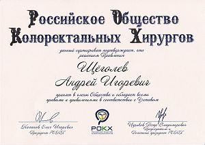 Сертификат Щёголева Андрея Игоревича, который подтверждает, что доктор принят в «Российское Общество Колоректальных Хирургов»